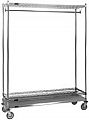 URS1848C 18" x 48" mobile garment rack, with one top and one bottom wire shelf, plus one solid shelf.